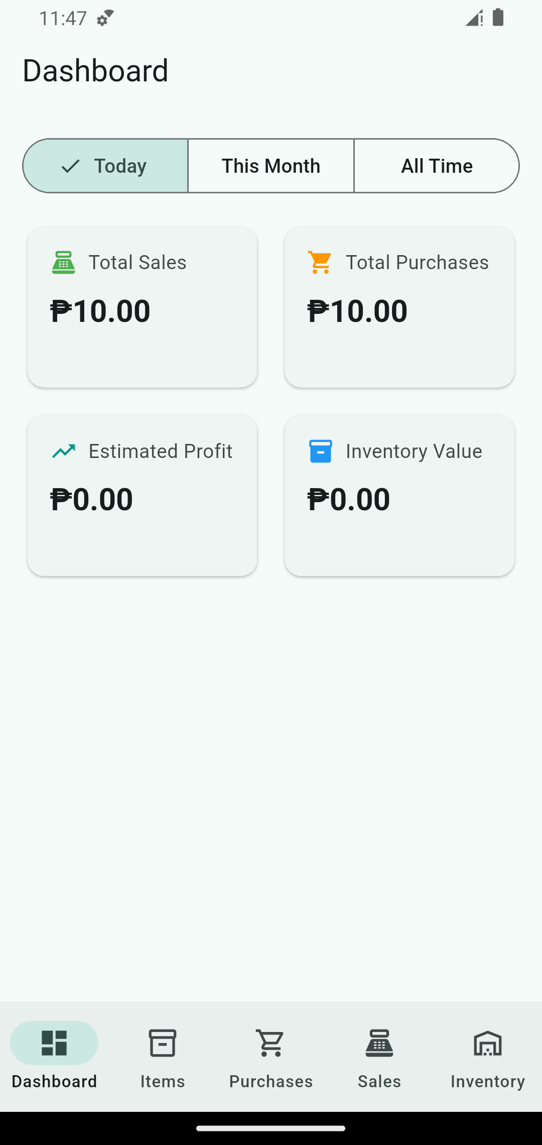 MyBusiness dashboard showing sales, purchases, profit, and inventory value
